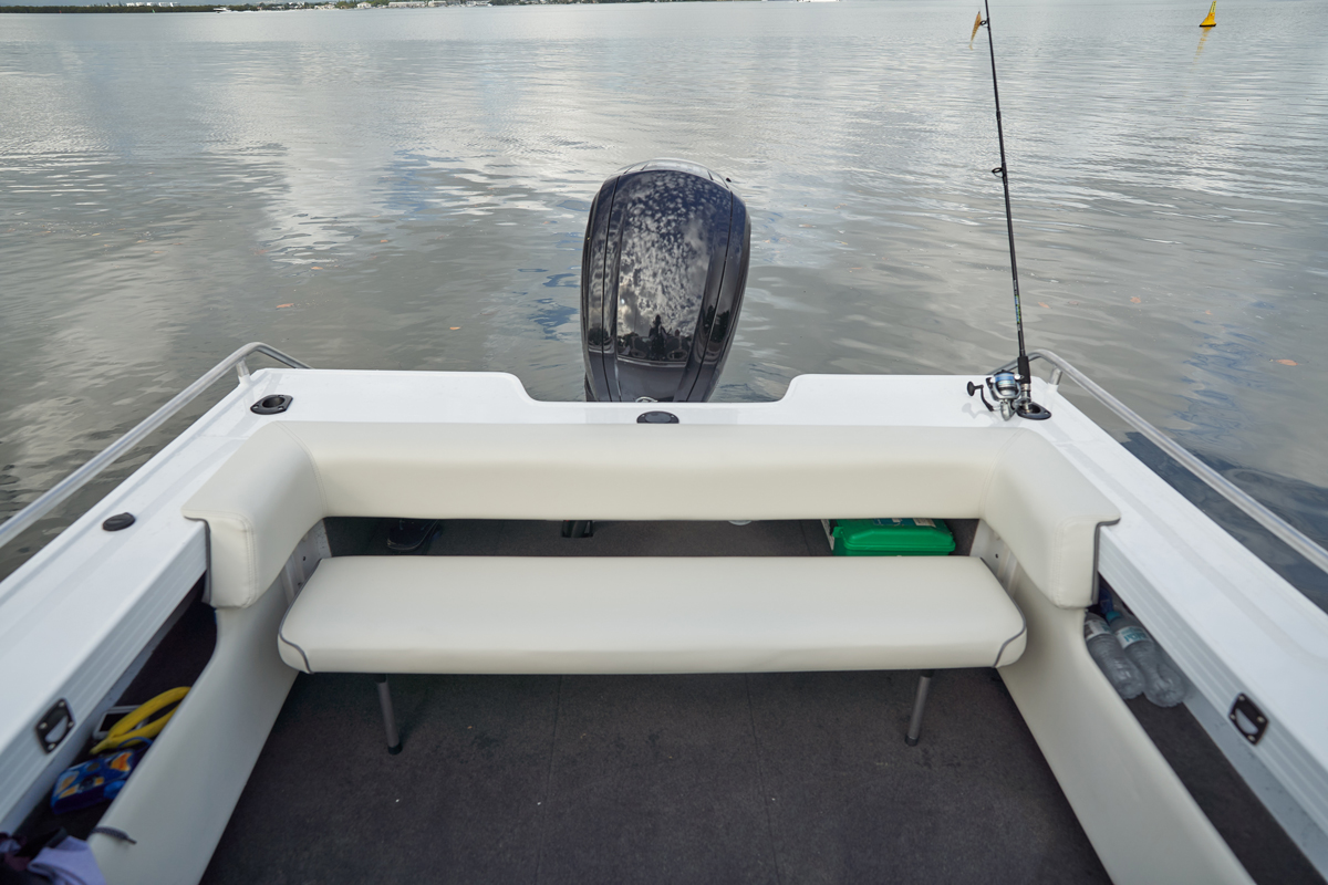 Comfortable rear bench seat on an Australian boat brand, ideal for fishing or cruising.